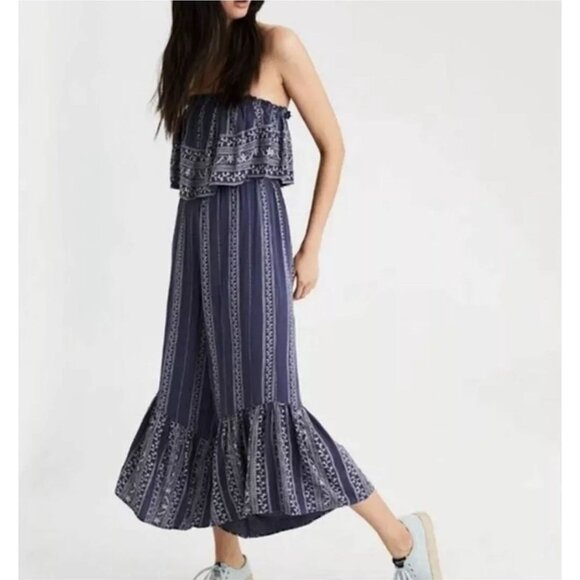 Japna Blue Strapless Smocked Flare Wide Leg Romper Jumpsuit Size XSmall - Picture 2 of 13